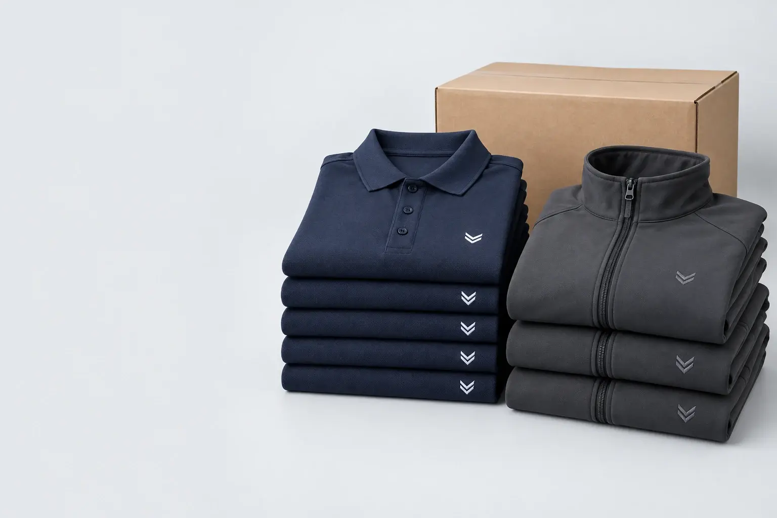 Piles de polos piqués marine et de vestes softshell anthracite, logo chevron brodé, à côté d'un carton d'expédition.