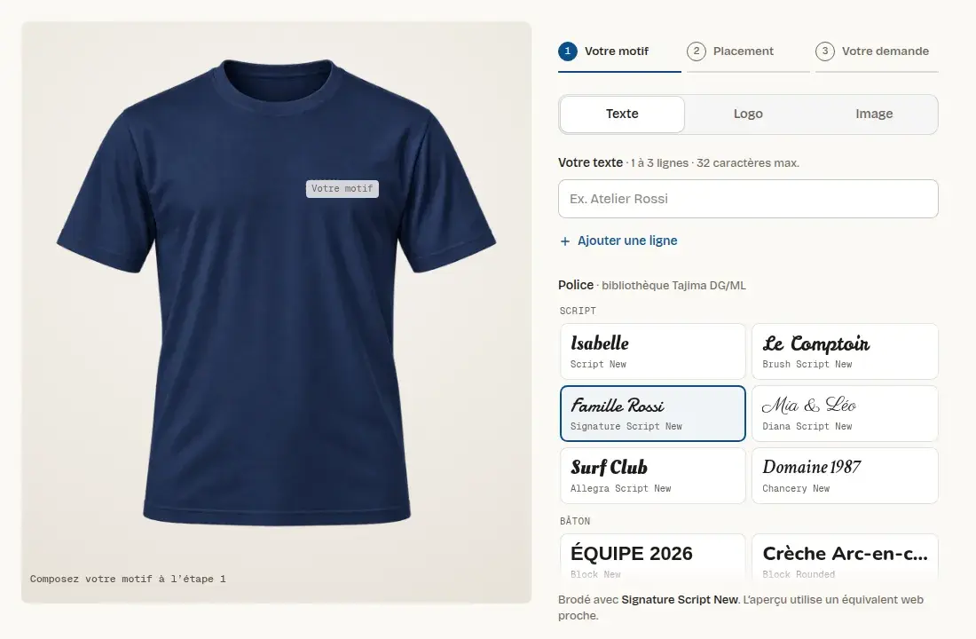 Capture du module d'aperçu : t-shirt marine, choix du texte, de la police et du fil.